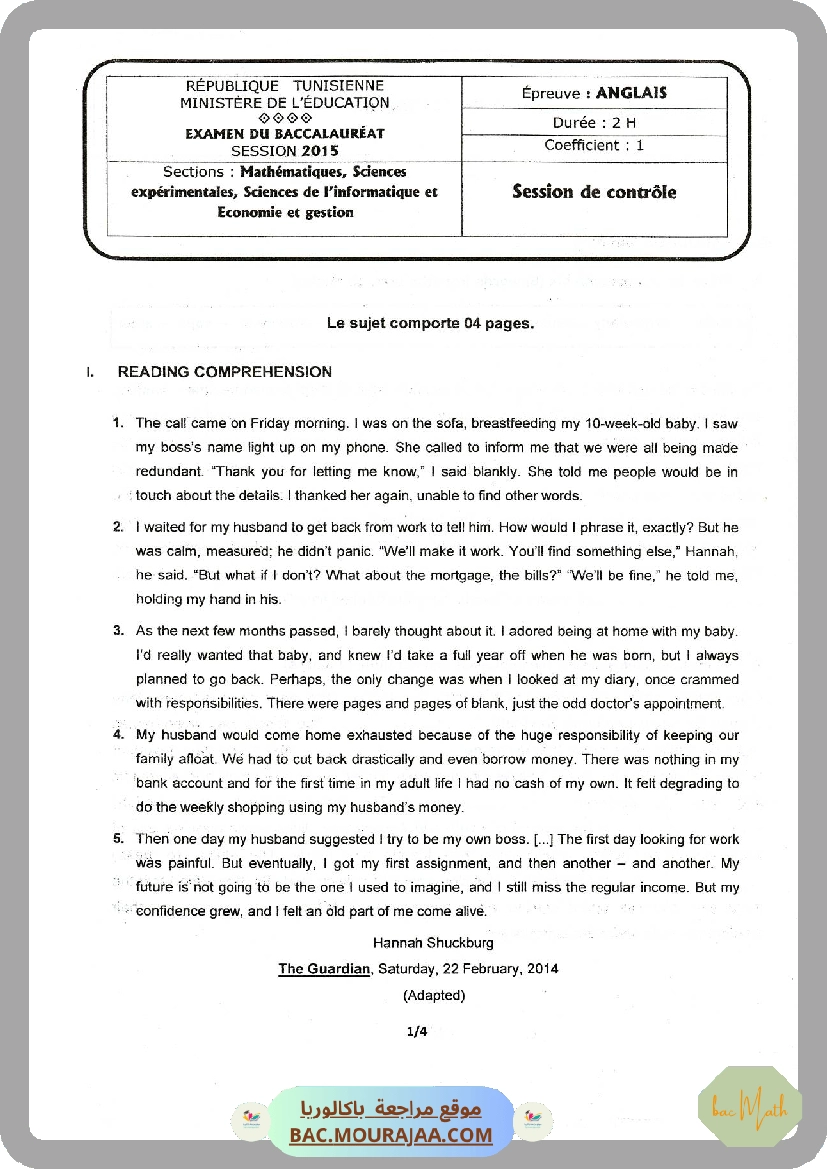 Sujet controle anglais Bac 2015 – Section math